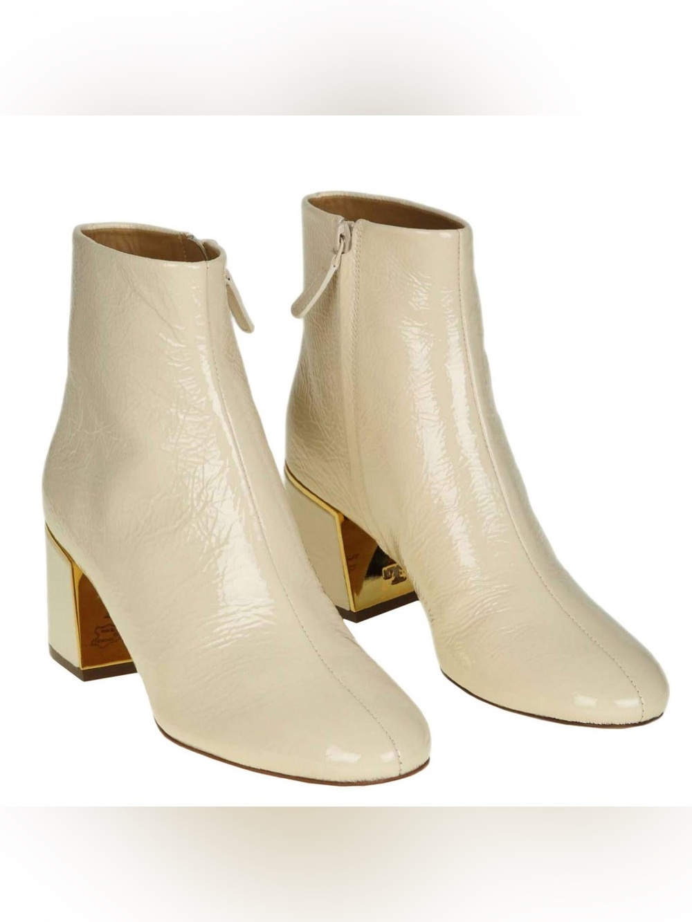 Tory Burch Juliana Cream Patent Leather Ankle Boots with Gold Block Heel